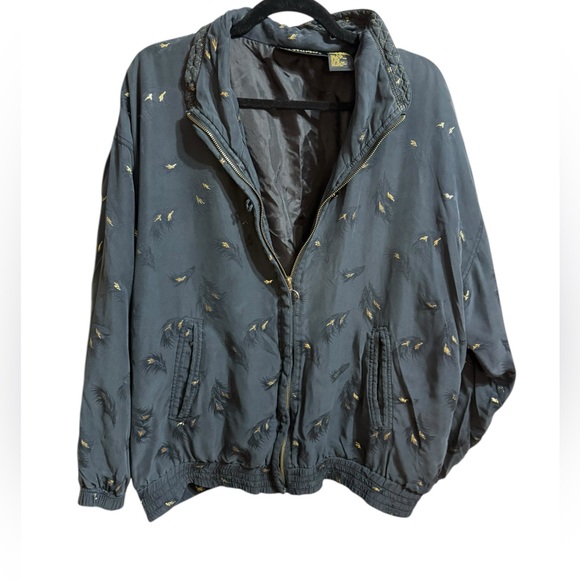Mureli Jackets & Blazers - Vintage Mureli 100% Silk Feather-Print Jacket Black Bomber Style ’80s/’90s Sz L